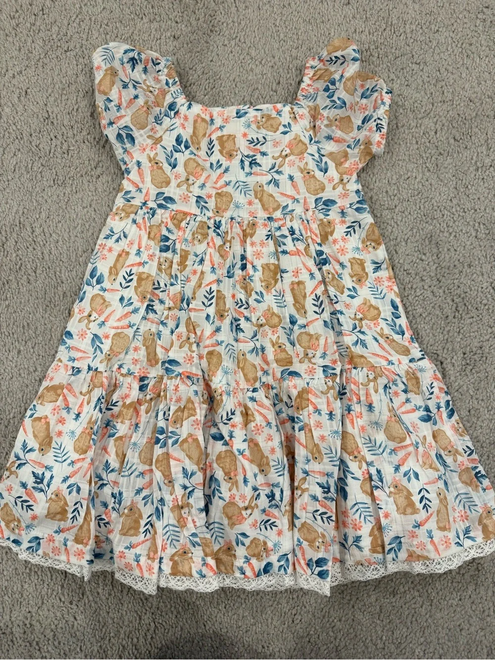 Girls White Floral & Bunny Print Puff Sleeve Dress Size 5